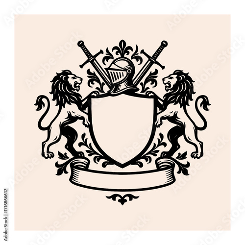 Vintage heraldic lion logo shield coat of arms family crest logo vector