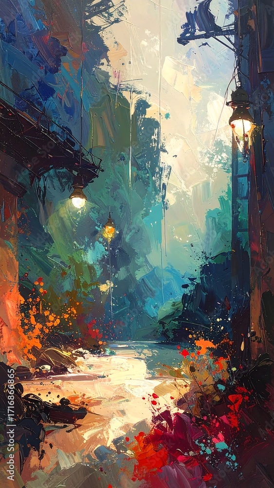 Fototapeta premium A vibrant, painted path through a fantasy landscape