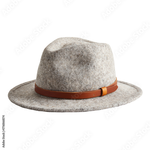 Light gray felt fedora with tan leather band