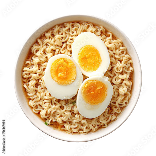 Bowl of instant noodles with two boiled eggs