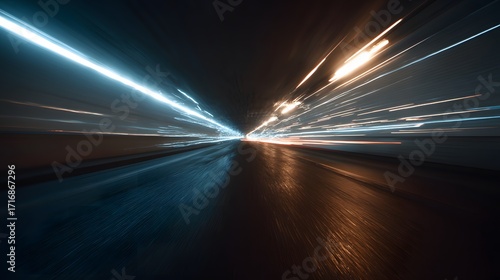 Motion Blur Lights in Dark Tunnel Representing Speed and Fast Movement