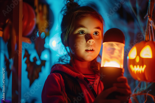 Girl with flashlight exploring spooky Halloween decorations
