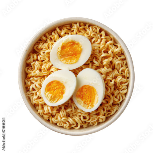Top-down view of instant noodles with boiled eggs
