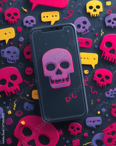 Smartphone skull emoji dark background digital illustration modern edgy design