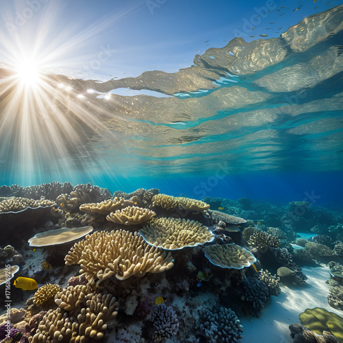 Sunlight filters through water over coral reef.