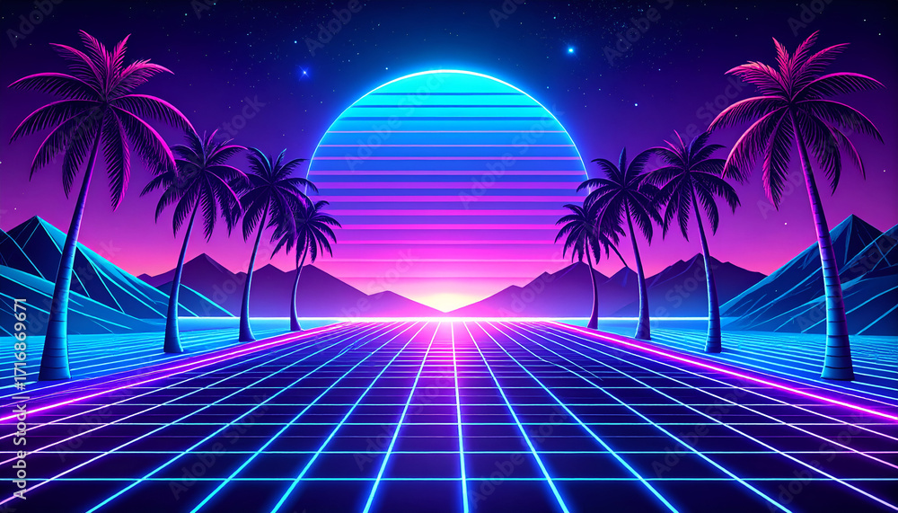 Fototapeta premium Retro Wave Sunset with Palm Trees and Grid Landscape.
