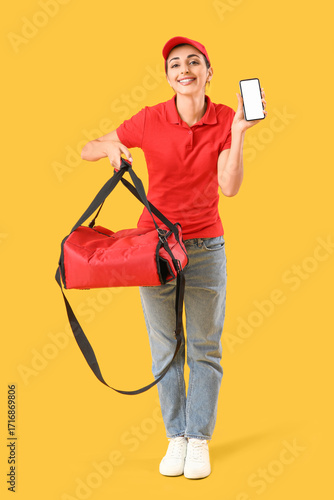 Female courier with food ba...
