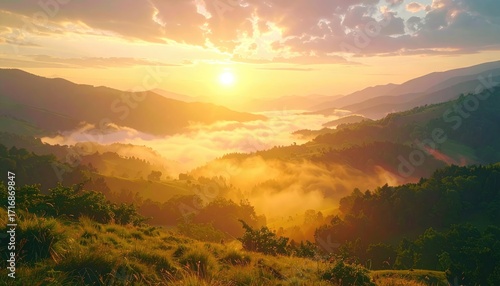 Golden Sunlight Over Rolling Green Hills And Misty Valleys Under Dramatic Sky During Sunrise or Sunset Cinematic Landscape