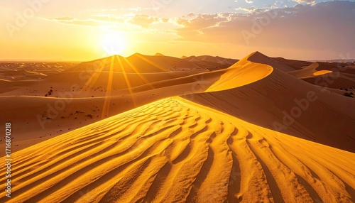 Golden Sunrise Over Sand Dunes in Arid Desert Landscape with Warm Light and Blue Sky at Horizon during Sunset