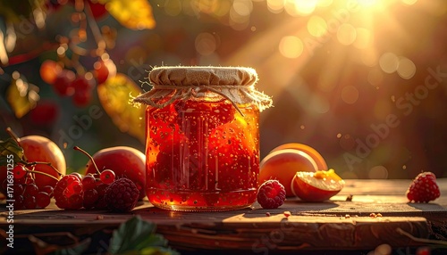 Golden Jam Jar Surrounded by Fruits Under Sunlight with Bokeh in a Garden Setting, Displaying Red and Yellow Tones on a Wooden Surface, Bright Atmospheric Shot