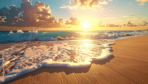 Golden Hour Waves Crashing on Shoreline with Sun Glare and Cloudy Sky