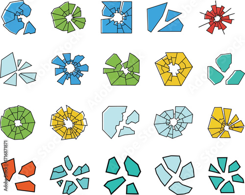 A colorful collection of various shattered glass panes and cracked window effects broken glasses for accident and emergency related themes