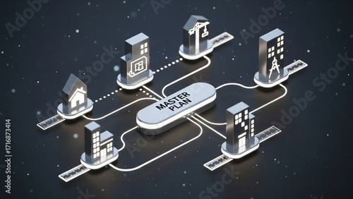 A glowing, abstract network with a Master Plan hub connected to icons representing buildings and homes, symbolizing urban planning and modern architectural design.