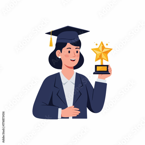 Happy female graduate in a cap and blazer holding a golden star trophy.