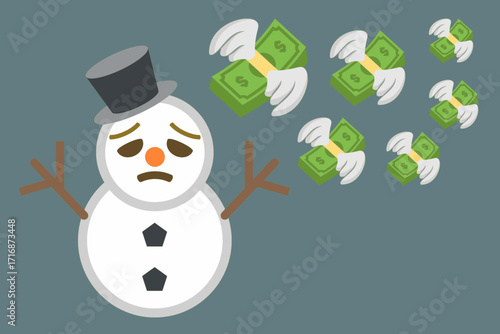 Sad snowman with flying dollar banknotes with wings, concept of winter financial loss, heating expenses, rising energy costs, inflation, economic downturn during cold season and money problems.