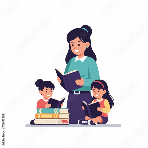Teacher reading books to two attentive young children.