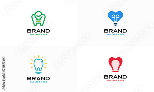 Set of Dental Health Clinic logo concept vector, Light bulb shape tooth glow symbol idea creative vector illustration.