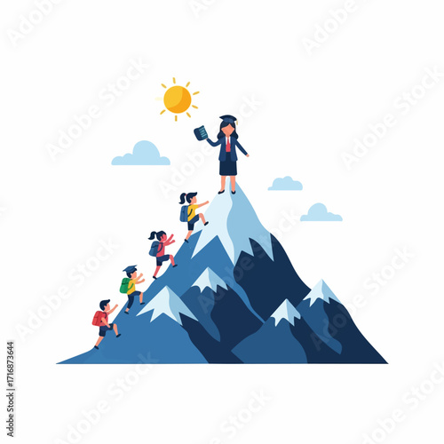 Students climbing a mountain towards a graduate a metaphor for the challenging journey to educational success and achievement.