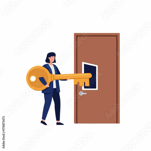 Businesswoman Holding Giant Golden Key Near Brown Door Access Concept.