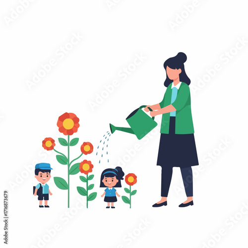 Teacher watering flowers with children observing garden activity.
