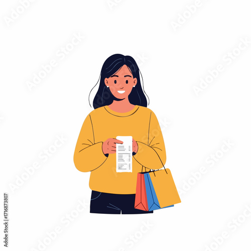 Smiling Woman Holding Receipt and Shopping Bags Yellow Sweater.
