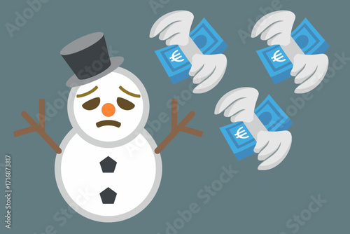 Sad snowman with flying euro banknotes with wings, concept of financial loss, winter expenses, high energy costs, inflation, economic crisis, money problems and rising living costs,vector illustration