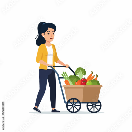 Woman Pushing Cart Full of Fresh Vegetables and Fruits Illustration.