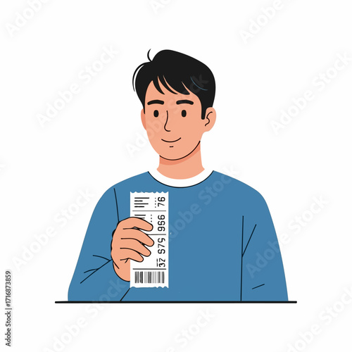 Young Man Holding a Lottery Ticket with Numbers and Barcode.