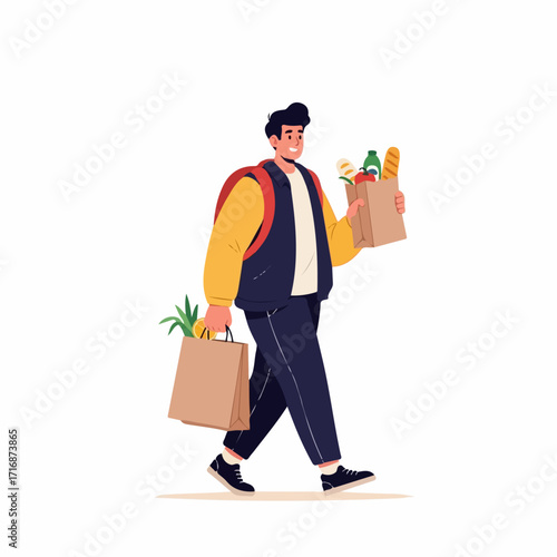 Happy young man in flat illustration style carrying two grocery bags with fresh produce and bread walking.