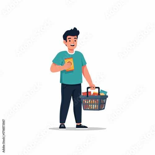Man Holding Shopping Basket and Cereal Box in Cartoon Style Illustration.