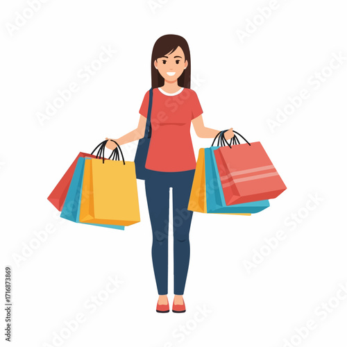 Cheerful Woman Holding Colorful Shopping Bags with Purchases.