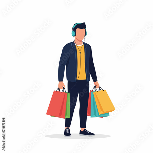 Stylish Man with Shopping Bags and Headphones Modern Illustration.