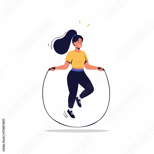 Energetic woman with ponytail in yellow top and dark leggings skipping rope smiling flat illustration style.