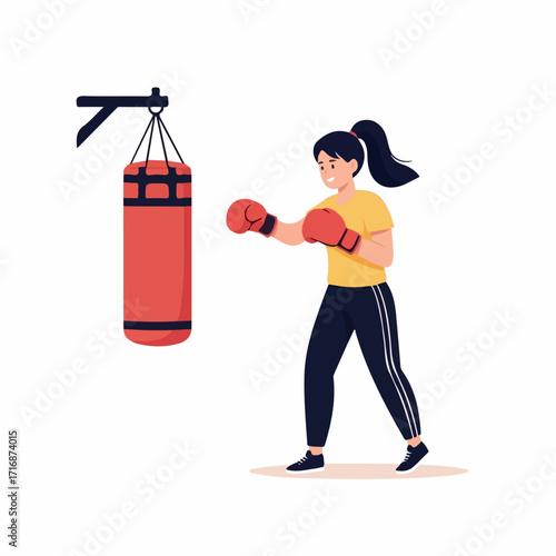 Woman in Boxing Gloves Training with Punching Bag.