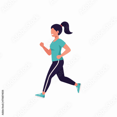 Stylized woman with dark ponytail running in teal t-shirt and striped leggings vector illustration.