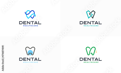Set of Dental Clinic Logo Tooth abstract design vector template Linear style. Dentist stomatology medical doctor Logotype concept icon.