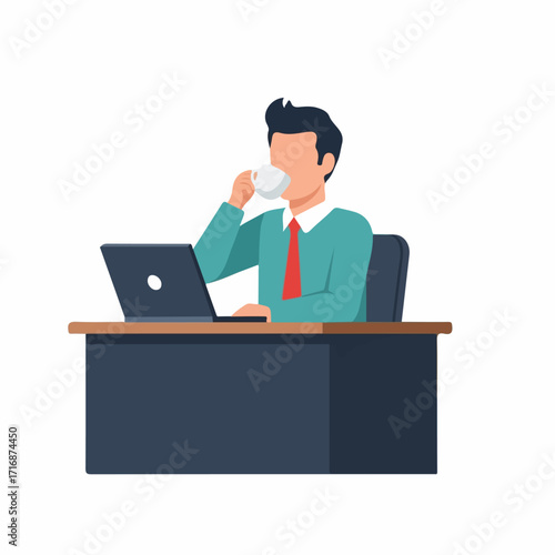 Faceless businessman in a teal sweater and red tie drinking coffee while working on a laptop at his desk.