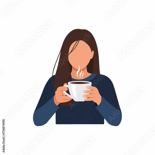 Woman Holding a White Coffee Cup with Steam Vector Illustration.