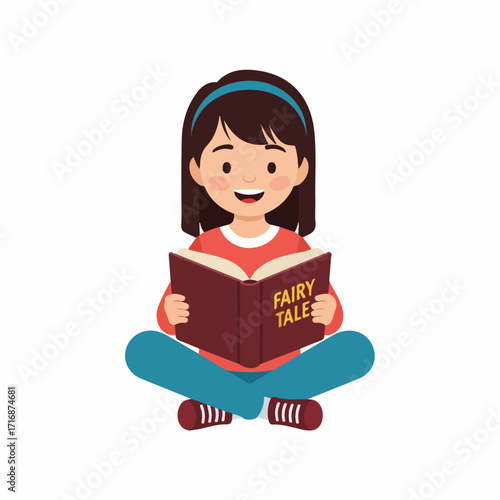 Cheerful cartoon girl with a blue headband sitting cross-legged reading a fairy tales book.