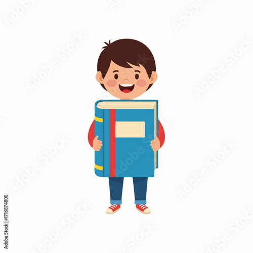 Happy cartoon schoolboy with brown hair holding a giant blue book with a big smile.