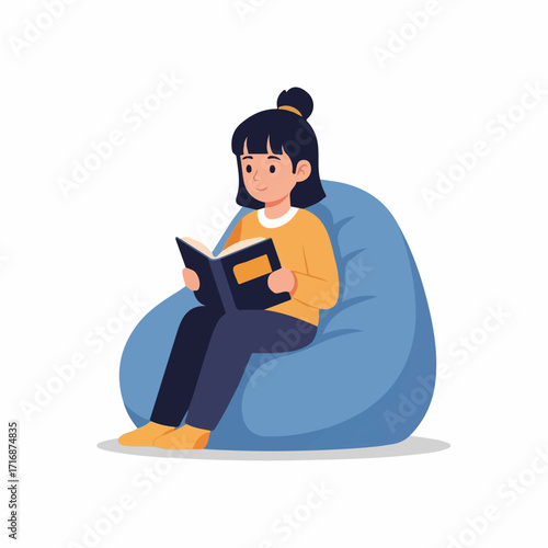 Cartoon Girl Reading a Book in a Bean Bag Chair.
