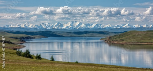 Expansive Landscape with Mountain Lake Reflection, Serene Nature Background, Snowy Peaks and Meadow