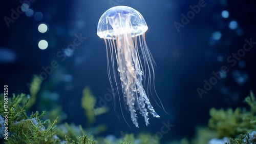 Delicate jellyfish floats serenely in an underwater environment, illuminated by soft, diffused light.