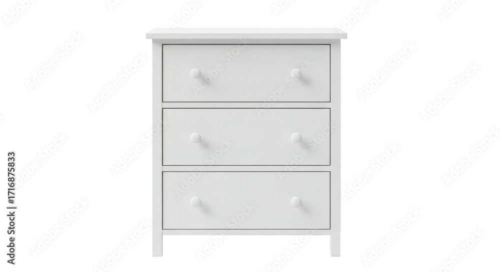 Fototapeta premium Clean White Wooden Nightstand with Three Drawers, Modern Furniture Isolated. clipping path, Business concept, PNG, graphic resources.