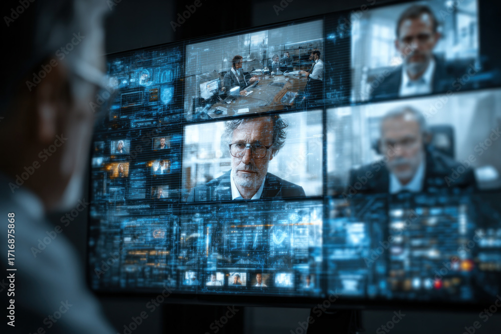 Fototapeta premium A close view of a monitor wall displaying multiple video feeds of professionals in a control room, highlighting modern collaboration, technology, and remote communication.