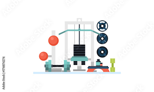 Gym flat style. Kettlebell and punching, bag, fingerboard and bodybuilding, vector illustration