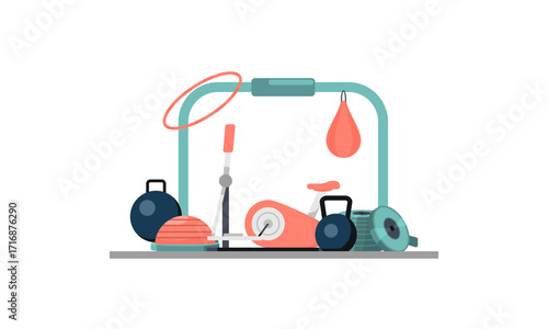 Gym flat style. Kettlebell and punching, bag, fingerboard and bodybuilding, vector illustration