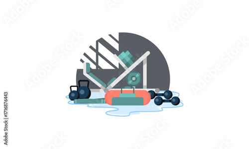 Equipment for fitness and workout vector illustration. Machine, Dumbbell, bottle, ball set flat style. Sport, weight loss, activity, gym concept