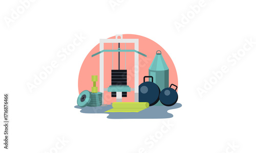 Equipment for fitness and workout vector illustration. Machine, Dumbbell, bottle, ball set flat style. Sport, weight loss, activity, gym concept