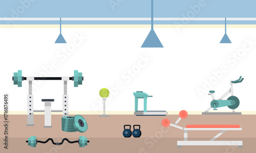 Sport Gym Interior Workout Equipment Copy Space Flat Vector Illustration